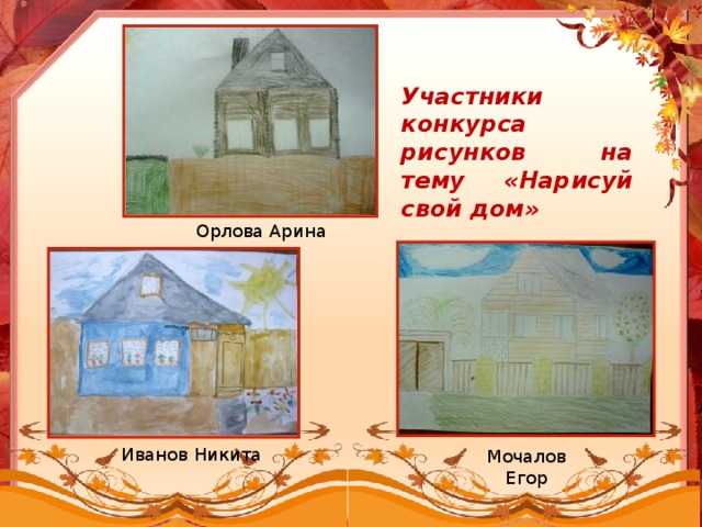 Участники конкурса рисунков на тему «Нарисуй свой дом» Орлова Арина Иванов Никита Мочалов Егор 