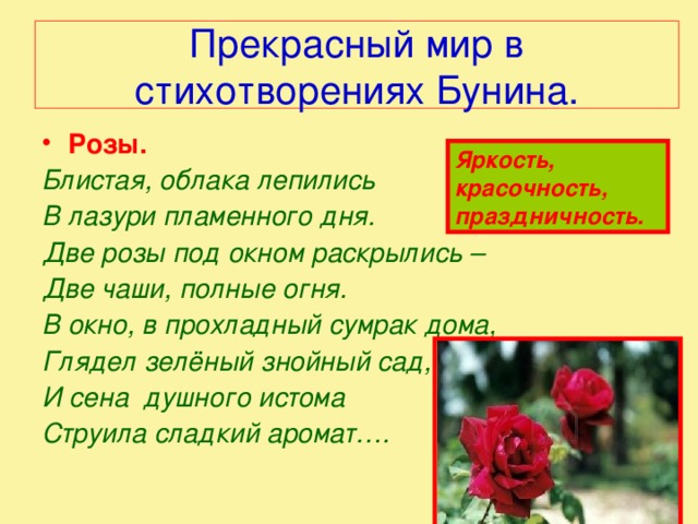 Прекрасный мир в стихотворениях Бунина. Розы. Блистая, облака лепились В лазури пламенного дня. Две розы под окном раскрылись – Две чаши, полные огня. В окно, в прохладный сумрак дома, Глядел зелёный знойный сад, И сена душного истома Струила сладкий аромат…. Яркость, красочность, праздничность. 