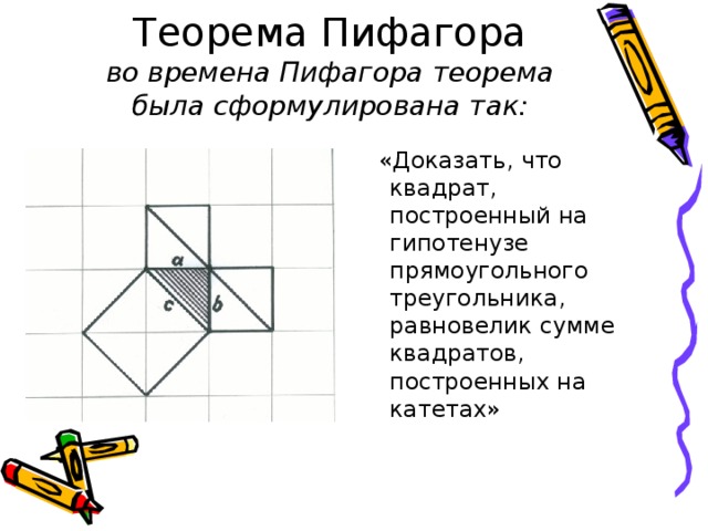 Теорема Пифагора  во времена Пифагора теорема была сформулирована так:  «Доказать, что квадрат, построенный на гипотенузе прямоугольного треугольника, равновелик сумме квадратов, построенных на катетах» 