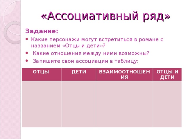 «Ассоциативный ряд» Задание:  Какие персонажи могут встретиться в романе с названием «Отцы и дети»?  Какие отношения между ними возможны?  Запишите свои ассоциации в таблицу: ОТЦЫ ДЕТИ ВЗАИМООТНОШЕНИЯ ОТЦЫ И ДЕТИ