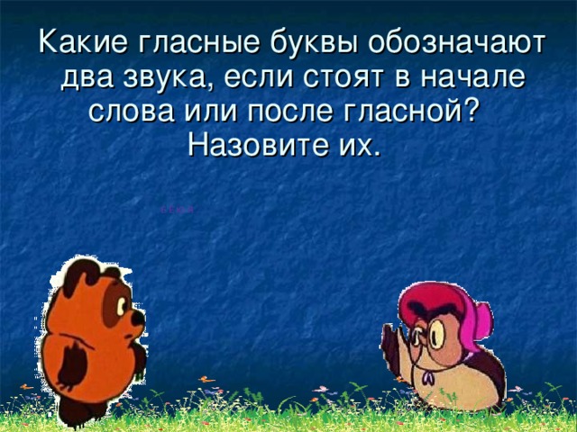 Какие гласные буквы обозначают  два звука, если стоят в начале слова или после гласной? Назовите их.  Е Ё Ю Я