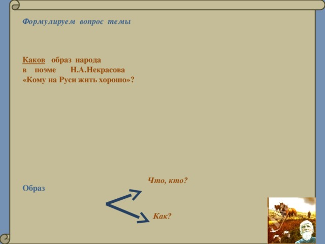 Формулируем вопрос темы Каков образ народа в поэме Н.А.Некрасова «Кому на Руси жить хорошо»? Что, кто? Образ Как? 