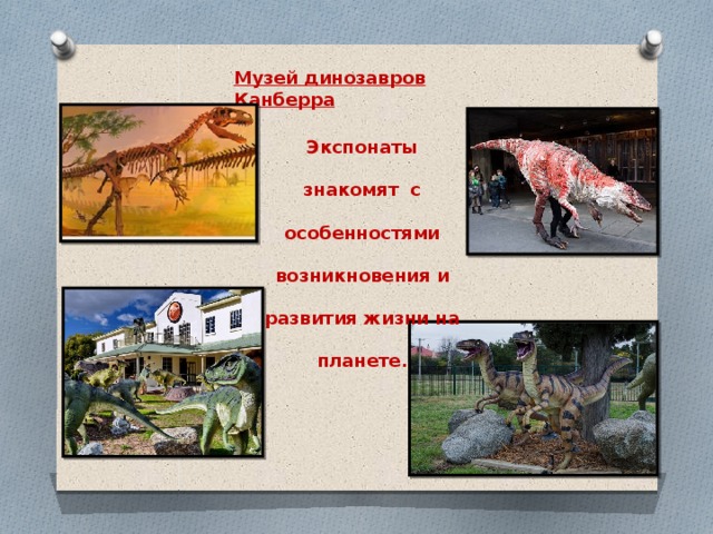 Музей динозавров Канберра Экспонаты знакомят с особенностями возникновения и развития жизни на планете. 