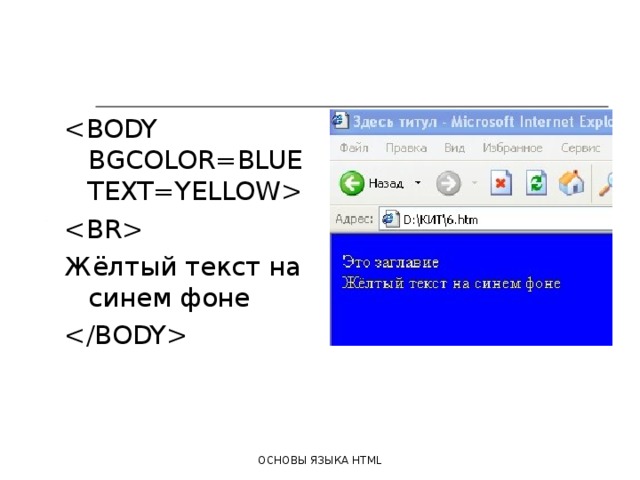   Жёлтый текст на синем фоне  ОСНОВЫ ЯЗЫКА HTML 