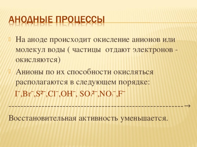 На аноде происходит окисление анионов или молекул воды ( частицы отдают электронов - окисляются) Анионы по их способности окисляться располагаются в следующем порядке:  Iˉ,Brˉ,S²ˉ,Clˉ,OHˉ, SO 4 ²ˉ,NO 3 ˉ,Fˉ  ------------------------------------------------- --------- → Восстановительная активность уменьшается. 