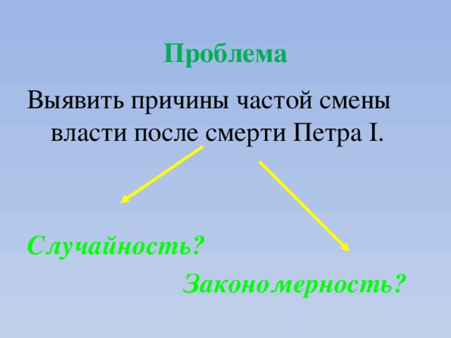 Проблема Выявить причины частой смены власти после смерти Петра I.   Случайность?  Закономерность? 