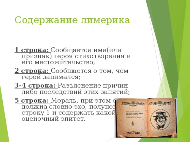 Содержание лимерика 1 строка:  Сообщается имя(или признак) героя стихотворения и его местожительство; 2 строка: Сообщается о том, чем герой занимался; 3-4 строка: Разъяснение причин либо последствий этих занятий; 5 строка: Мораль, при этом строка должна словно эхо, полуповторять строку 1 и содержать какой-нибудь оценочный эпитет. 