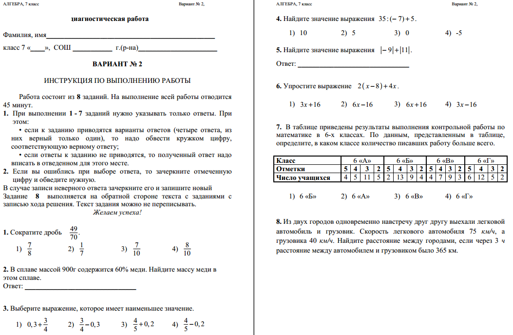 Диагностическая работа 3 класс