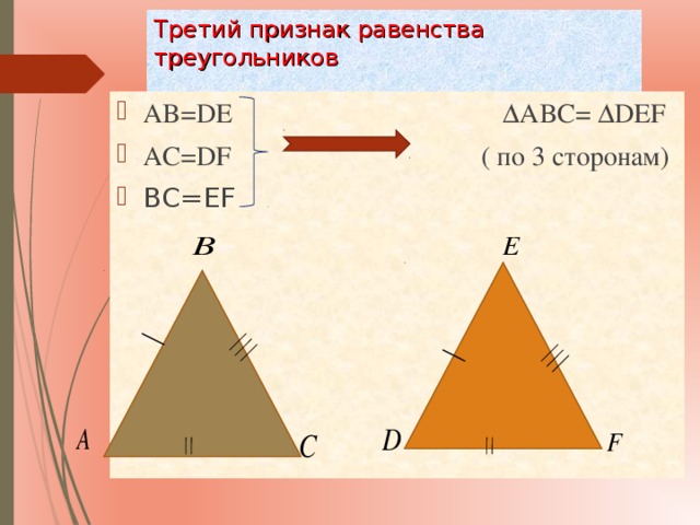 Третий признак равенства треугольников AB=DE ΔABC= ΔDEF AC=DF ( по 3 сторонам) BC=EF 