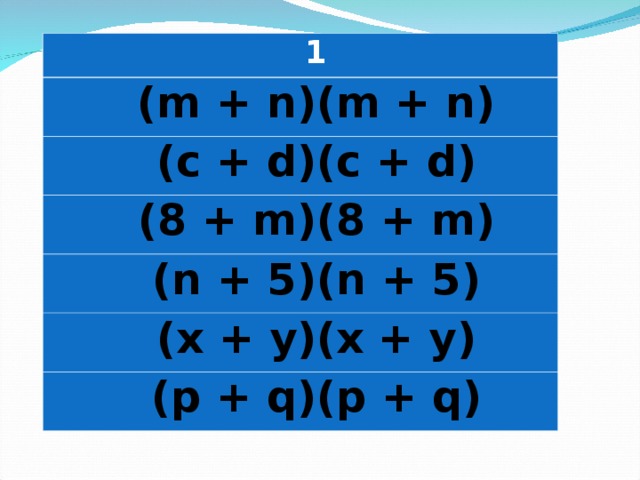 1 ( m + n)(m + n) (c + d)(c + d) (8 + m)(8 + m) (n + 5)(n + 5) ( х + у ) (х + у) (p + q)(p + q)
