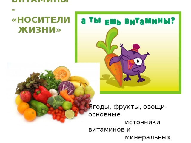 ВИТАМИНЫ- «НОСИТЕЛИ ЖИЗНИ» Ягоды, фрукты, овощи- основные  источники витаминов и  минеральных веществ. 