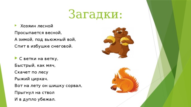 Загадки:  Хозяин лесной Просыпается весной, А зимой, под вьюжный вой, Спит в избушке снеговой. С ветки на ветку, Быстрый, как мяч, Скачет по лесу Рыжий циркач. Вот на лету он шишку сорвал, Прыгнул на ствол И в дупло убежал. 