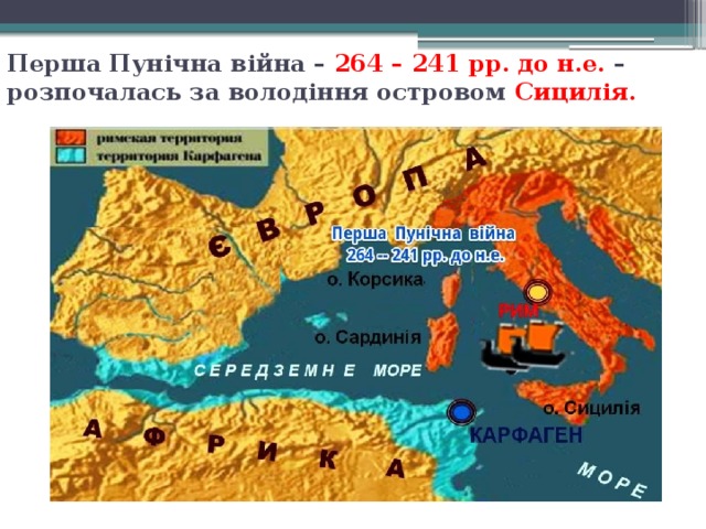 Перша Пунічна війна – 264 – 241 рр. до н.е. – розпочалась за володіння островом Сицилія.   