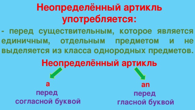 Неопределённый артикль употребляется: - перед существительным, которое является единичным, отдельным предметом и не выделяется из класса однородных предметов. Неопределённый артикль a перед согласной буквой an перед гласной буквой 