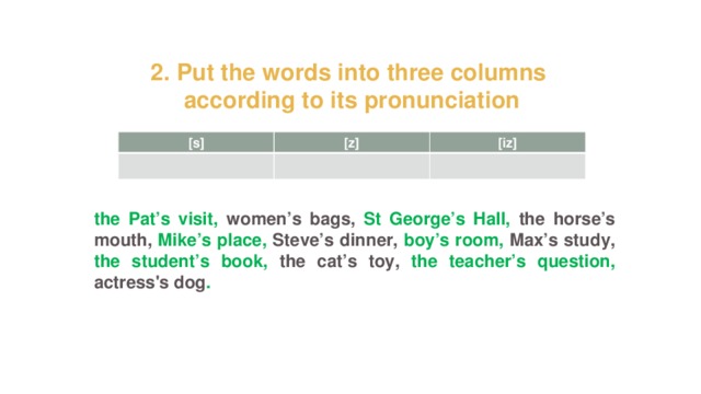 2. Put the words into three columns according to its pronunciation [s] [z] [iz] the Pat’s visit, women’s bags, St George’s Hall, the horse’s mouth, Mike’s place, Steve’s dinner, boy’s room, Max’s study, the student’s book, the cat’s toy, the teacher’s question, actress's dog .  