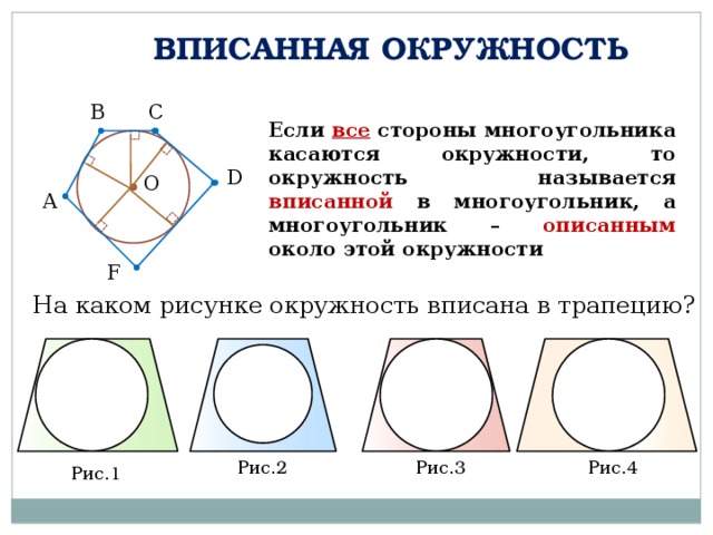 ВПИСАННАЯ ОКРУЖНОСТЬ С В Если все стороны многоугольника касаются окружности, то окружность называется вписанной в многоугольник, а многоугольник – описанным около этой окружности D О А F На каком рисунке окружность вписана в трапецию? Рис. 2 Рис. 3 Рис. 4 Рис. 1 