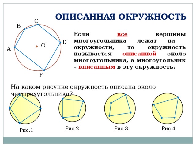 ОПИСАННАЯ ОКРУЖНОСТЬ С В Если все вершины многоугольника лежат на окружности, то окружность называется описанной около многоугольника, а многоугольник – вписанным в эту окружность. D О А F На каком рисунке окружность описана около четырехугольника? Рис. 3 Рис. 4 Рис. 2 Рис. 1 