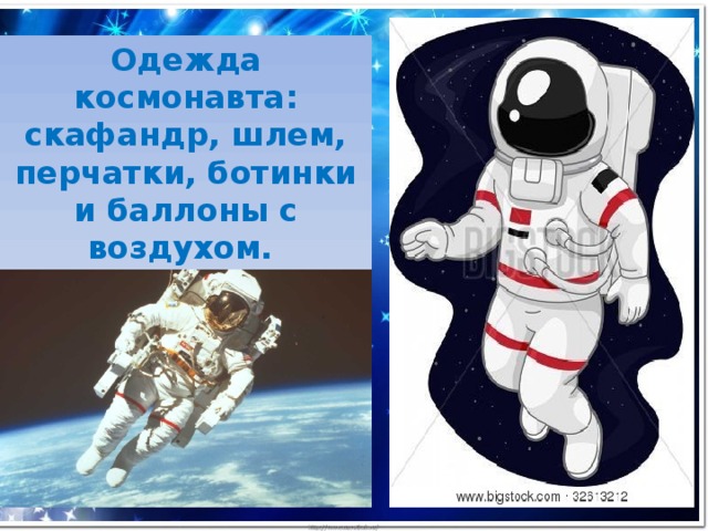 Одежда космонавта: скафандр, шлем, перчатки, ботинки и баллоны с воздухом. 