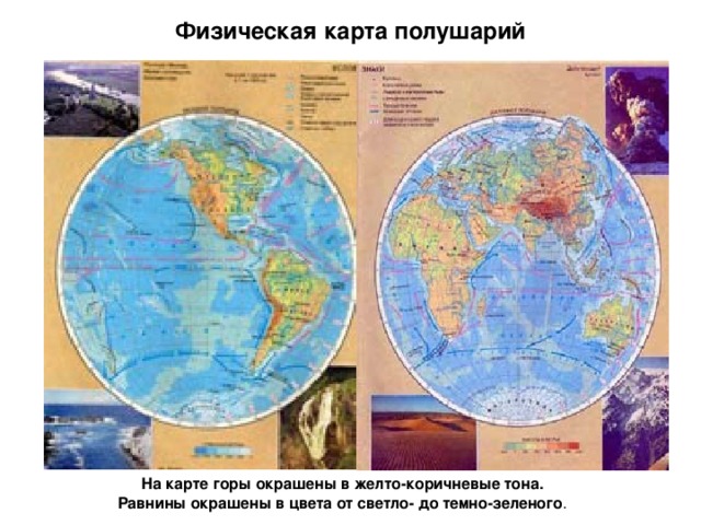 Физическая карта полушарий На карте горы окрашены в желто-коричневые тона. Равнины окрашены в цвета от светло- до темно-зеленого . 