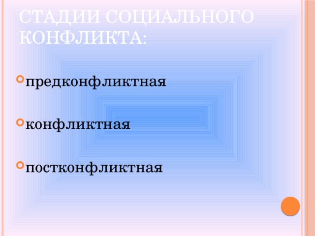 Стадии социального конфликта:  предконфликтная конфликтная постконфликтная 