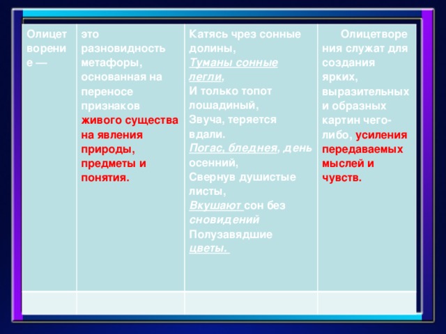 Олицетворение —   это разновидность метафоры, основанная на переносе признаков живого существа на явления природы, предметы и понятия. Катясь чрез сонные долины,  Туманы сонные легли ,  И только топот лошадиный,  Звуча, теряется вдали.  Погас, бледнея , день осенний,  Свернув душистые листы,  Вкушают сон без сновидений  Полузавядшие цветы.        Олицетворения служат для создания ярких, выразительных и образных картин чего-либо, усиления передаваемых мыслей и чувств.