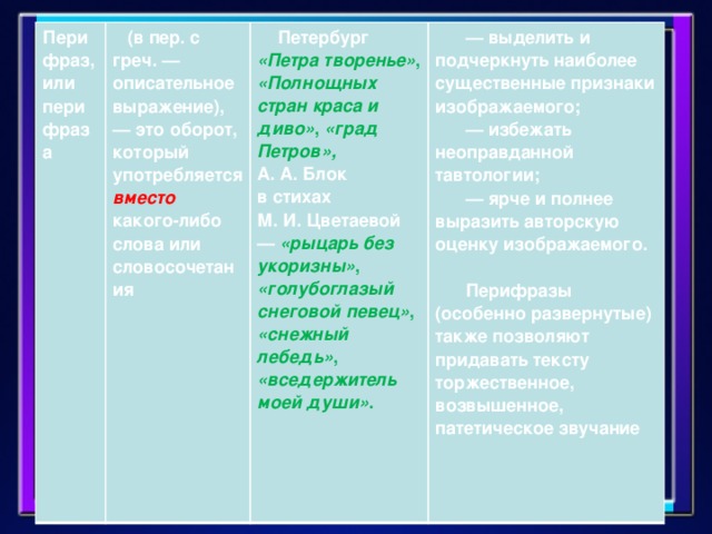 Перифраз, или перифраза    (в пер. с греч. — описательное выражение), — это оборот, который употребляется вместо какого-либо слова или словосочетания      Петербург «Петра творенье» , «Полнощных стран краса и диво» , «град Петров», А. А. Блок в стихах М. И. Цветаевой — «рыцарь без укоризны» , «голубоглазый снеговой певец» , «снежный лебедь» , «вседержитель моей души» .       —  выделить и подчеркнуть наиболее существенные признаки изображаемого;        — избежать неоправданной тавтологии;        — ярче и полнее выразить авторскую оценку изображаемого.         Перифразы (особенно развернутые) также позволяют придавать тексту торжественное, возвышенное, патетическое звучание