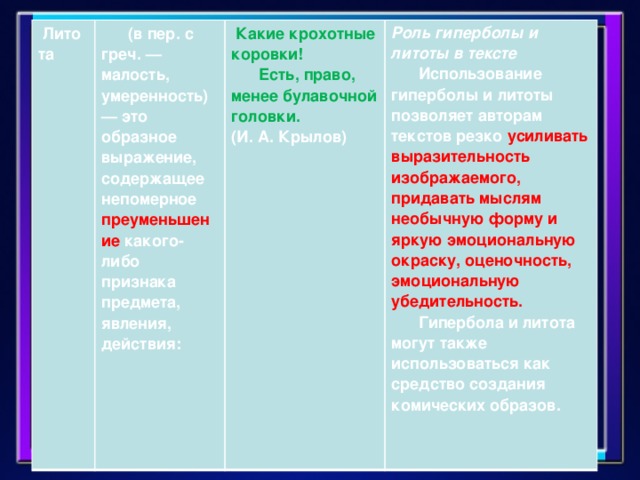   Литота       (в пер. с греч. — малость, умеренность) — это образное выражение, содержащее непомерное преуменьшение какого-либо признака предмета, явления, действия:          Какие крохотные коровки!        Есть, право, менее булавочной головки. (И. А. Крылов) Роль гиперболы и литоты в тексте        Использование гиперболы и литоты позволяет авторам текстов резко усиливать выразительность изображаемого, придавать мыслям необычную форму и яркую эмоциональную окраску, оценочность, эмоциональную убедительность.        Гипербола и литота могут также использоваться как средство создания комических образов.