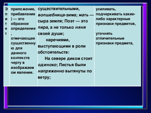 Эпитет приложение, прибавление) — это образное определение, отмечающее существенную для данного контекста черту в изображаемом явлении.  существительными, волшебница -зима; мать — сыра земля; Поэт — это лира , а не только няня своей души;         наречиями, выступающими в роли обстоятельств:        На севере диком стоит одиноко ; Листья были напряженно вытянуты по ветру;          усиливать, подчеркивать какие-либо характерные признаки предметов,  уточнять отличительные признаки предмета,
