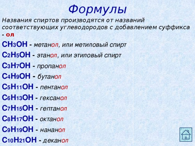 Oh название. Формула спирта. Названия спиртов. Спирты формулы и названия. Формулы спиртов и их названия.