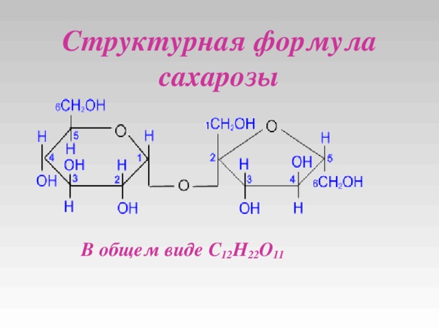 Структурная формула сахарозы В общем виде C 12 H 22 O 11    