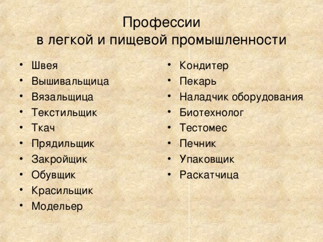 Профессии  в легкой и пищевой промышленности Швея Вышивальщица Вязальщица Текстильщик Ткач Прядильщик Закройщик Обувщик Красильщик Модельер Кондитер Пекарь Наладчик оборудования Биотехнолог Тестомес Печник Упаковщик Раскатчица     