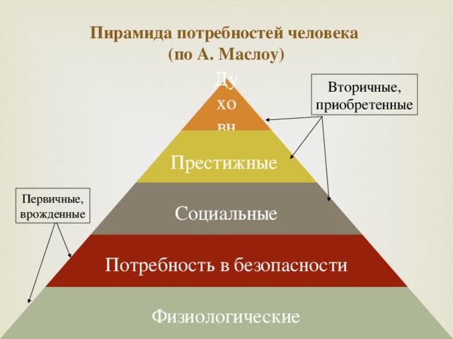 Пирамида потребностей человека  (по А. Маслоу) Вторичные, приобретенные Духовные Престижные Социальные Первичные, врожденные Потребность в безопасности Физиологические 