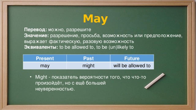 May Перевод: можно, разрешите Значение: разрешение, просьба, возможность или предположение, выражает фактическую, разовую возможность Эквиваленты: to be allowed to, to be (un)likely to Present may Past Future might will be allowed to Might - показатель вероятности того, что что-то произойдёт, но с ещё большей неуверенностью.  