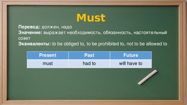Must Перевод: должен, надо Значение: выражает необходимость, обязанность, настоятельный совет Эквиваленты: to be obliged to, to be prohibited to, not to be allowed to  Present must Past Future had to will have to 
