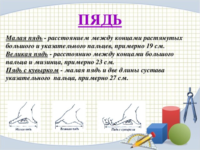 ПЯДЬ Малая пядь - расстоянием между концами растянутых большого и указательного пальцев, примерно 19 см. Великая пядь - расстоянию между концами большого пальца и мизинца, примерно 23 см. Пядь с кувырком - малая пядь и две длины сустава указательного пальца, примерно 27 см. 