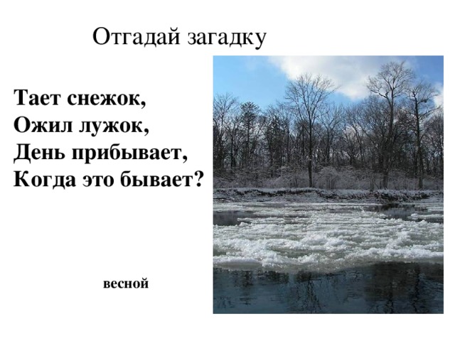 Отгадай загадку   Тает снежок, Ожил лужок, День прибывает, Когда это бывает? весной 