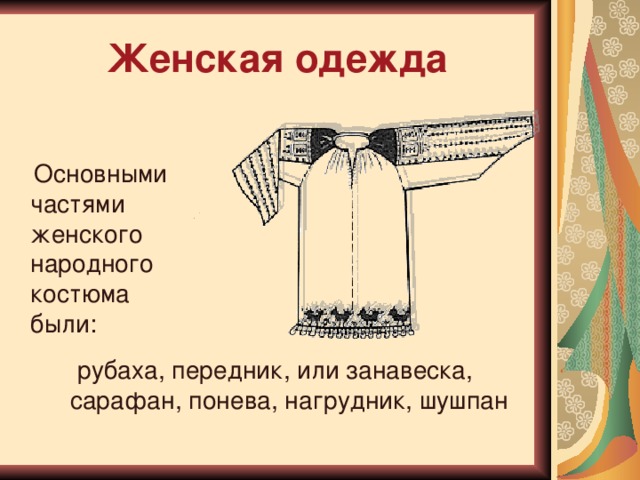 Женская одежда  Основными частями женского народного костюма были: рубаха, передник, или занавеска, сарафан, понева, нагрудник, шушпан 