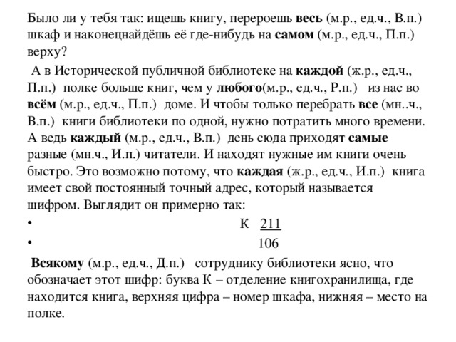 Было ли у тебя так: ищешь книгу, перероешь весь (м.р., ед.ч., В.п.) шкаф и наконецнайдёшь её где-нибудь на самом (м.р., ед.ч., П.п.) верху? А в Исторической публичной библиотеке на каждой (ж.р., ед.ч., П.п.) полке больше книг, чем у любого (м.р., ед.ч., Р.п.) из нас во всём (м.р., ед.ч., П.п.) доме. И чтобы только перебрать все (мн..ч., В.п.) книги библиотеки по одной, нужно потратить много времени. А ведь каждый (м.р., ед.ч., В.п.) день сюда приходят самые разные (мн.ч., И.п.) читатели. И находят нужные им книги очень быстро. Это возможно потому, что каждая (ж.р., ед.ч., И.п.) книга имеет свой постоянный точный адрес, который называется шифром. Выглядит он примерно так: К 211 106 Всякому (м.р., ед.ч., Д.п.) сотруднику библиотеки ясно, что обозначает этот шифр: буква К – отделение книгохранилища, где находится книга, верхняя цифра – номер шкафа, нижняя – место на полке.