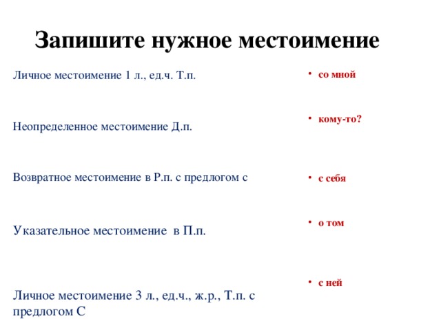 Карточки местоимения 6 класс. ) Личное местоимение 1 л., ед.ч. т.п.. Запишите нужное местоимение личное местоимение 1л ед.ч т.п. Для чего нужны местоимения. Запишите нужное местоимение возвратное местоимение в р.п с предлогом.