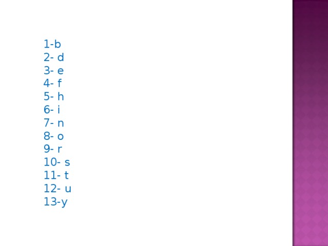 1- b 2- d 3- e 4- f 5- h 6- i 7- n 8- o 9- r 10- s 11- t 12- u 13-y 