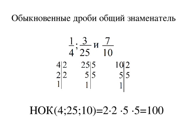 Обыкновенные дроби общий знаменатель НОК(4;25;10)=2∙2 ∙5 ∙5=100