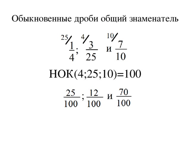 Обыкновенные дроби общий знаменатель НОК(4;25;10)=100