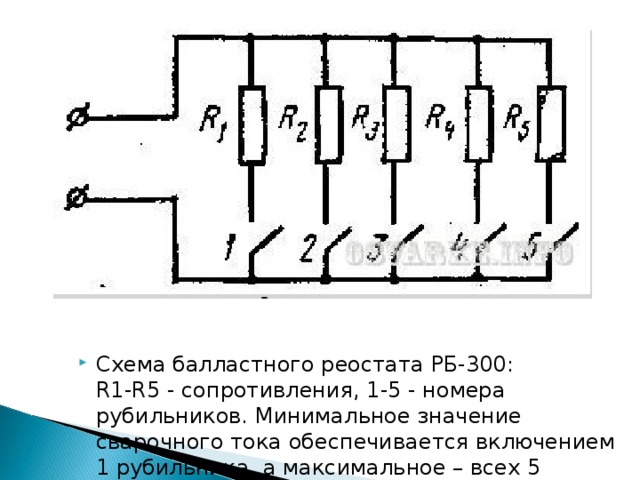 Схема балластного реостата РБ-300:  R1-R5 - сопротивления, 1-5 - номера рубильников. Минимальное значение сварочного тока обеспечивается включением 1 рубильника, а максимальное – всех 5 