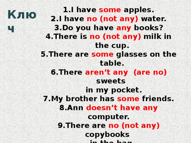 I have some apples. I have no (not any) water. Do you have any books? There is no (not any) milk in the cup. There are some glasses on the table. There aren’t any (are no) sweets  in my pocket. 7.My brother has some friends. 8.Ann doesn’t have any computer. 9.There are no (not any) copybooks  in the bag. 10. There are some books on the table. Ключ 