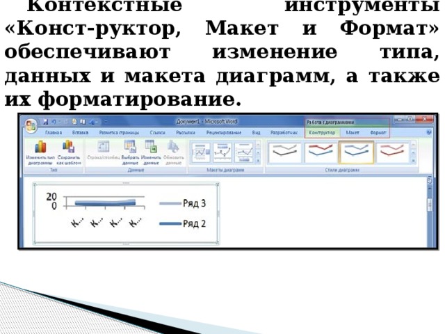 Контекстные инструменты «Конст-руктор, Макет и Формат» обеспечивают изменение типа, данных и макета диаграмм, а также их форматирование.  