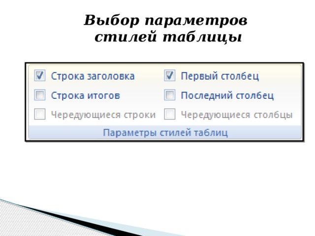 Выбор параметров стилей таблицы 