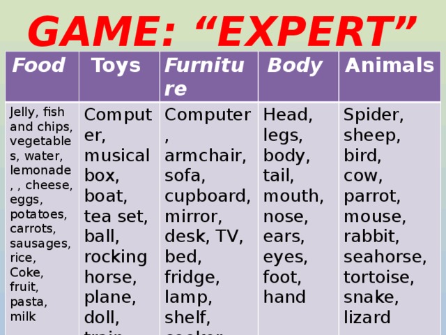 GAME: “EXPERT” Food Toys Jelly, fish and chips, vegetables, water, lemonade, , cheese, eggs, potatoes, carrots, sausages, rice, Coke, fruit, pasta, milk Furniture  Computer, musical box, boat, tea set, ball, rocking horse, plane, doll, train, teddy bear Body Computer, armchair, sofa, cupboard, mirror, desk, TV, bed, fridge, lamp, shelf, cooker Animals Head, legs, body, tail, mouth, nose, ears, eyes, foot, hand Spider, sheep, bird, cow, parrot, mouse, rabbit, seahorse, tortoise, snake, lizard 