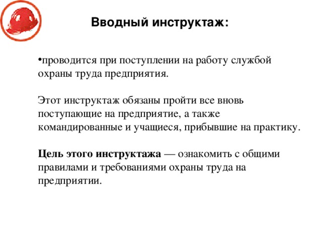 Вводный инструктаж: проводится при поступлении на работу службой охраны труда предприятия. Этот инструктаж обязаны пройти все вновь поступающие на предприятие, а также командированные и учащиеся, прибывшие на практику. Цель этого инструктажа — ознакомить с общими правилами и требованиями охраны труда на предприятии. 