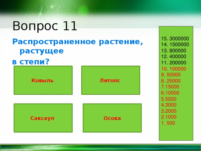 Вопрос 11 15. 3000000 14. 1500000 13. 800000 12. 400000 11. 200000 10. 100000 9. 50000 8. 25000 7.15000 6.10000 5.5000 4.3000 3.2000 2.1000 1. 500 Распространенное растение, растущее в степи? Ковыль Литопс Саксаул Осока 