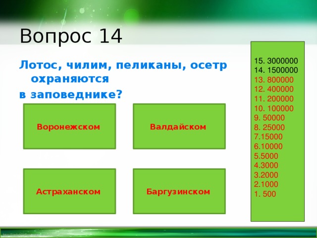 Вопрос 14 15. 3000000 14. 1500000 13. 800000 12. 400000 11. 200000 10. 100000 9. 50000 8. 25000 7.15000 6.10000 5.5000 4.3000 3.2000 2.1000 1. 500 Лотос, чилим, пеликаны, осетр охраняются в заповеднике? Воронежском Валдайском Астраханском Баргузинском 